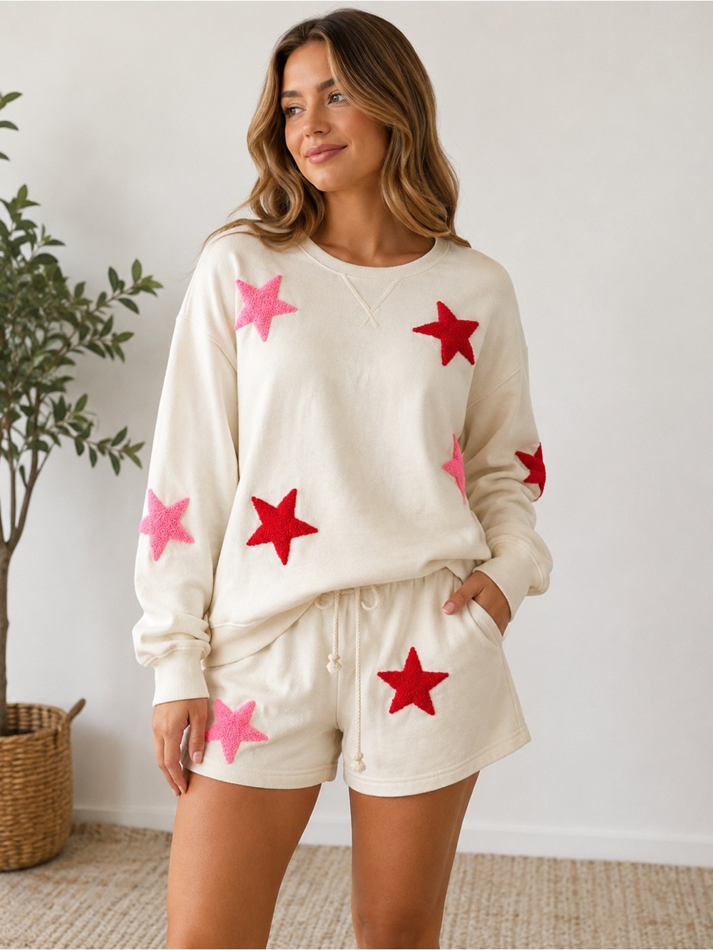 Lou & Grey Star Lounge Set Women Small Cream Pink Red Sweatshirt Shorts